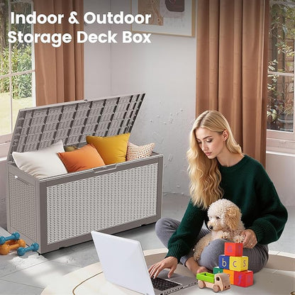 100 Gallon Storage Box, Waterproof Resin Deck Box with Hydraulic Piston Design, Lockable Storage Bench for Package Delivery, Storage Bin for Patio Cushions, Garden Tools, Grey