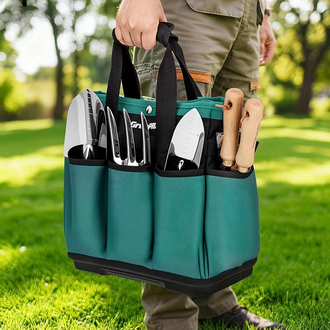 Garden Tool Bag Molded Bottom, Heavy Duty Tool Tote Toolbox with 10 Pockets, Reinforced & Top Snap Closure for Gardening Tools Storage, Dark Green(Tools Not Included)