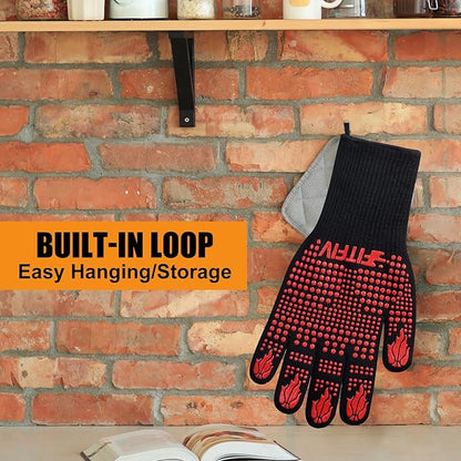 BBQ Gloves, Oven Gloves, 1472°F Extreme Heat Resistant Barbecue Gloves, Silicone Non-Slip Oven Mitts, Kitchen Gloves for Cooking, Grilling, and Baking (Red)
