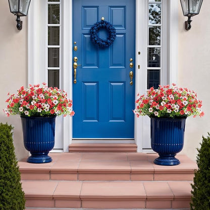 Artificial Silk Flowers Hanging Baskets Outdoors Indoors,Daisy with Eucalyptus Leaves Arrangement for Garden Yard Spring Summer Decor,Faux Green Plant in Metal Coconut Lining Flowerpot(Red and White)