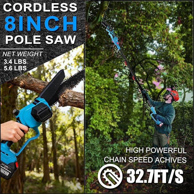 4-in-1 Electric Pruning Shears & 8 Inch Electric Pole Saws for Tree Trimming with 16FT Extension Pole & 2×4.0Ah Battery Powered, Brushless Cordless Pole Saw Tree Trimmer Limb Branch Cutter Tree Pruner