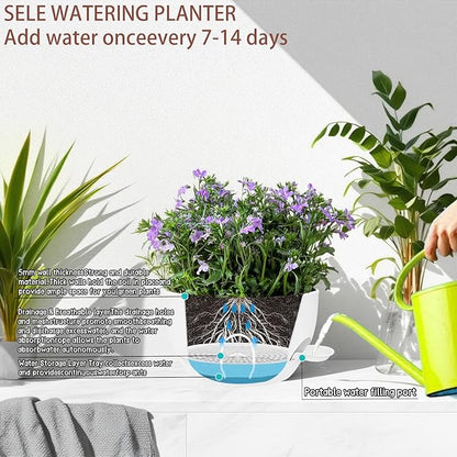 2 Pack 12 Inch Large Hanging Planters with Chains Self Watering White Plastic Hanging Pots for Indoor Outdoor Plants, Garden Porch Home Decor，White