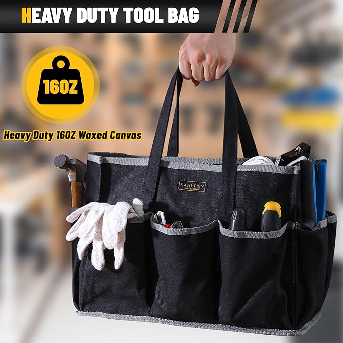 Canvas Tool Tote Bag, Heavy Duty 16oz Waxed Canvas Tool Storage Pouch with 1 Large Compartment & 10 Small Pockets | Multi-Purpose Garden Tool Bag for Horticulturists Mechanics Craftsmen – Black