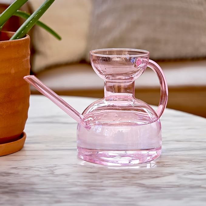 Modern Sprout Plant Watering Can - Handcrafted from Borosilicate Glass - Long Spout Vessel for Indoor Plants - 32 Oz Capacity - Multipurpose Watering Can and Flower Vase for Houseplants (Blush)