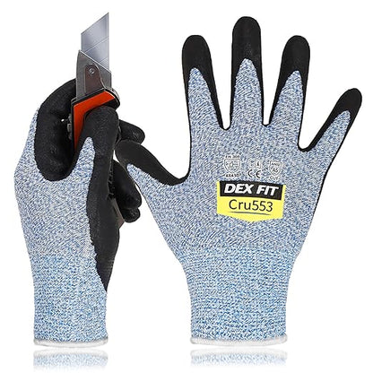 DEX FIT Level 5 Cut Resistant Gloves Cru553, 3D-Comfort Fit, Firm Grip, Thin & Lightweight, Touch-Screen Compatible, Durable, Breathable & Cool, Machine Washable; Blue S (7) 3 Pairs