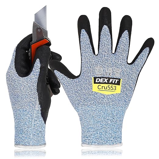 DEX FIT Level 5 Cut Resistant Gloves Cru553, 3D-Comfort Fit, Firm Grip, Thin & Lightweight, Touch-Screen Compatible, Durable, Breathable & Cool, Machine Washable; Blue S (7) 3 Pairs