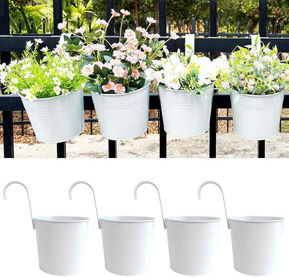 Pack of 4 Hanging Flower Pots, 6" White Metal Balcony Planters for Herb Succulent, Samll Railing Fence Hanging Bucket for Outdoor/Indoor Decoration (White, Pack of 4)