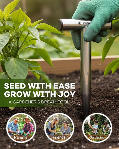 Stainless Steel Hand Dibber with Depth Markings & T-Handle, Rust-Resistant Bulb Planter Tool for Seeds, Seedlings & Bulbs – Ergonomic Design for Garden & Lawn