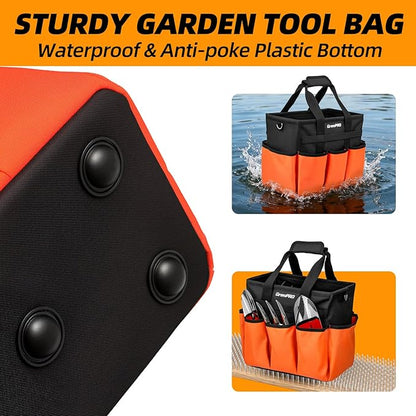 Garden Tool Bag Organizer, Heavy Duty Gardening Tote Toolbox with 10 Pockets, Adjustable Shoulder Strap, Standable & Foldable for Tool Storage, Home Garden Kit, Orange (Tools Not Included)