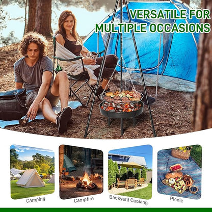 Outvita Campfire Tripod Grill, Adjustable Height BBQ Grill Grate with Fire Bowl for Outdoor Camping BBQ, Black