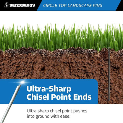 Sandbaggy 12-inch Circle Top Pins - Landscape Staples (Galvanized) - Garden Stakes for Landscaping, SOD - Heavy Duty Ground Stakes, Lawn Turf Spikes, Christmas Decorations, Weed Mats (100 Pins)