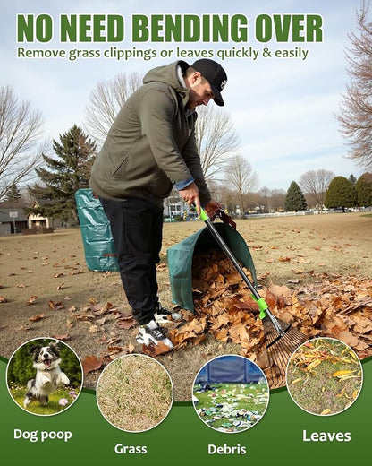 Joyhalo 63.4 Inch Rake for Leaves with 40 Gallon Dustpan-Typ Leaf Bags, Adjustable 18 Tines Metal Leaf Rake Set for Gardening Lawns Yard Outdoor Camping Shrub Grass Bush Grass Clippings