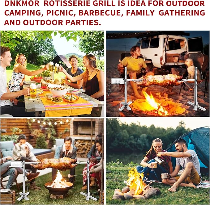 Rotisserie Grill Kit Stainless Steel Tripod Rotisserie Stand, 52inch Pig Lamb Hooded Roaster Charcoal Spit with 30W Motor & Adjustable Height Lockable Casters for Outdoor Camping Party, Rated 150 LB