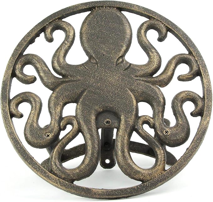 Cast Iron 12 inch Octopus Decorative Wall Mounted Hanging Garden Hose Hanger Bronze Finish - 125 ft Hose Holder Capacity - Nautical Sea Life Outdoor Décor