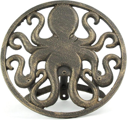 Cast Iron 12 inch Octopus Decorative Wall Mounted Hanging Garden Hose Hanger Bronze Finish - 125 ft Hose Holder Capacity - Nautical Sea Life Outdoor Décor
