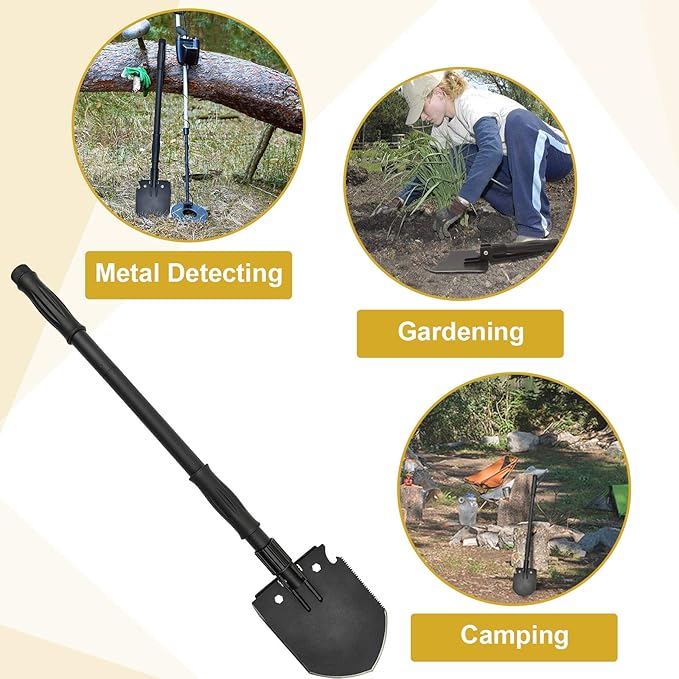 Survival Shovel, (28.3'') Camping Folding Shovel, Military Spade Multitool, Tactical Trench Tool, with Pickaxe, Compass, Whistle, Molle Bag for Digging, Metal-Detecting, Off Roading, Emergency