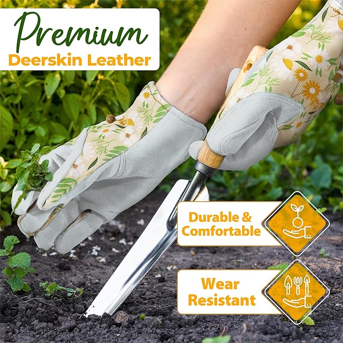 HANDLANDY Gardening Gloves for Women, Breathable Ladies Leather Garden Yard Gloves Best Gift for Gardeners