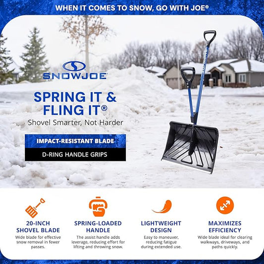 Snow Joe SJ-SHLV20 Shovelution Snow Shovel with Spring-Assist Handle, Heavy-Duty Shovel for Fast Snow Removal, 20 Inches, Blue