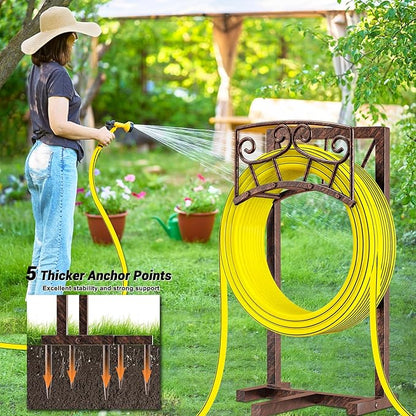 Garden Hose Holder, Heavy Duty Metal Water Hose Holders Hose Stand with 5 Spikes, Freestanding Hose Storage Rack Hose Hanger Holds 150ft Hose for Outside Yard Lawn Garden Decor (Vintage Copper-2P)
