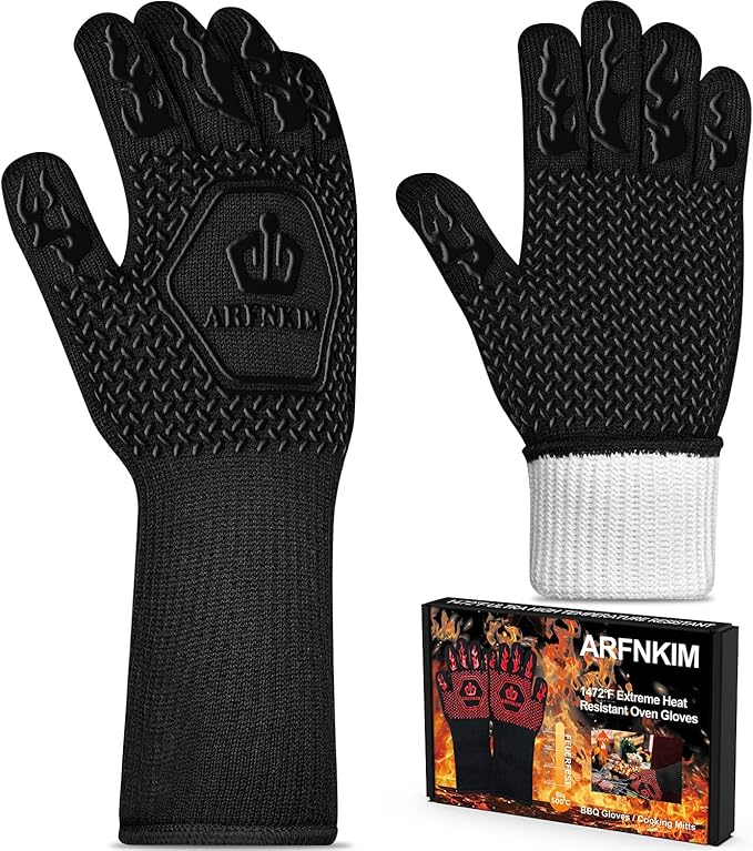 BBQ Oven Gloves 1472℉ Heat Resistant Oven Mitts Silicone Non-Slip Cooking Gloves for Barbecue, Grilling, Baking, Welding, Smoker (A Pair) (Black)