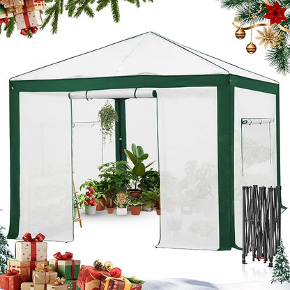 EAGLE PEAK 10x10 Portable Walk in Greenhouse with Polyester Reinforced Corners, Instant Pop up Indoor Outdoor Gardening Green House, Roll Up Zipper Entry Doors and Mesh Windows, Green/White
