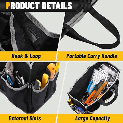Canvas Tool Tote Bag, Heavy Duty 16oz Waxed Canvas Tool Storage Pouch with 1 Large Compartment & 10 Small Pockets | Multi-Purpose Garden Tool Bag for Horticulturists Mechanics Craftsmen – Black