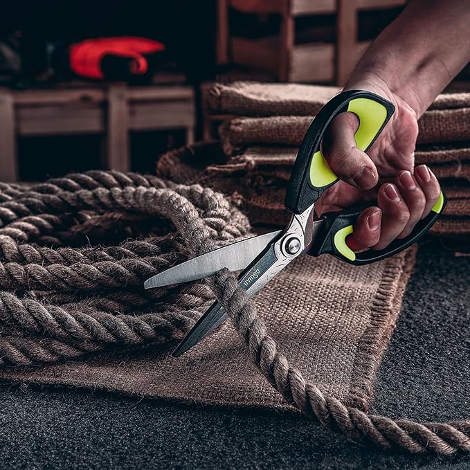 LIVINGO Heavy Duty Industrial Scissors: 10" Utility Stainless Steel Sharp Scissors all Purpose Premium Titanium Coating Forged Shop Shears for Household Pruning, Gardening, Construction, Green/Black