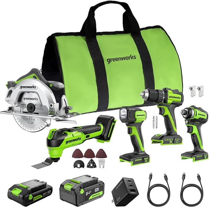 GREENWORKS 24V (5-TOOL) Combo (Drill + Impact Driver + Circular Saw + Multi-Tool + Flashlight), 4.0Ah + 2.0Ah (24,000mAh Power Bank) Batteries, (2) Cables, 65W Rapid Charger