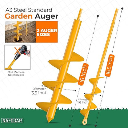 Garden Auger Drill Bit for Planting - Pack of (2) - 1.6”x16.5” & 3.5”x16” – Garden Spiral Hole Digging for Planting, Bulbs, Bedding Plants & More - Compatible with 3/8 Inch Hex Drive