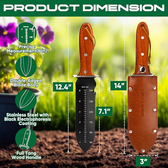 Hori Hori Garden Knife, Gardening Tools with Leather Sheath for Weeding, Gardening, Digging, 7” Stainless Steel Blade with Black Electrophoresis Coating, Double Cutting Edge, Full Tang Wood Handle with Hanging Hole