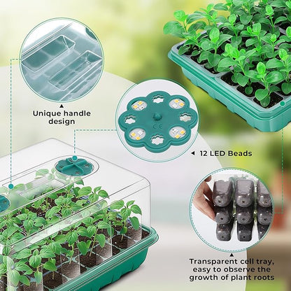 96 Cells Seed Starter Tray with Lights, 2 Packs Seed Starter Kit with Humidity Vented Domes and High Lid, Adjustable Brightness Germination Kit for Indoor Greenhouse Seed Starter
