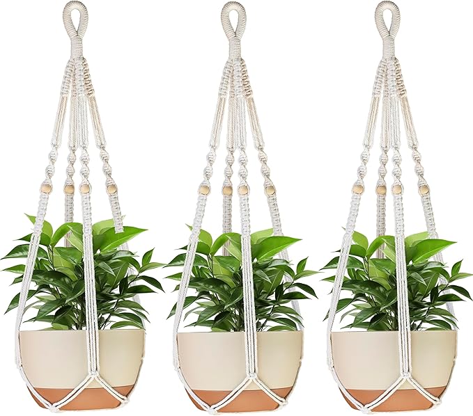 35 Inch Macrame Plant Hanger Indoor Outdoor Fits 4 to 15 inch pots Hanging Planter Basket with Wood Beads and No Tassels,Boho Home Decor,Ivory,Set of 3 (Pots Not Included)