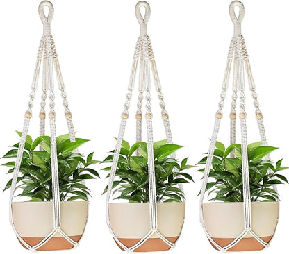 35 Inch Macrame Plant Hanger Indoor Outdoor Fits 4 to 15 inch pots Hanging Planter Basket with Wood Beads and No Tassels,Boho Home Decor,Ivory,Set of 3 (Pots Not Included)