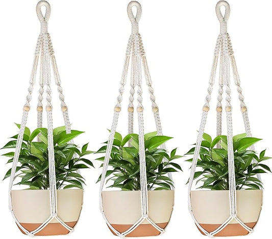 35 Inch Macrame Plant Hanger Indoor Outdoor Fits 4 to 15 inch pots Hanging Planter Basket with Wood Beads and No Tassels,Boho Home Decor,Ivory,Set of 3 (Pots Not Included)