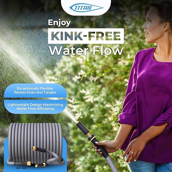 TITAN Garden Hose | Flexible, Lightweight, Kink-Free & Durable Hybrid Water Hose with Heavy Duty Brass Connectors & High-Pressure Jet Nozzle (75FT x 1/2”)