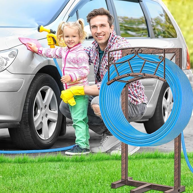 Garden Hose Holder, Heavy Duty Metal Water Hose Holders Hose Stand with 5 Spikes, Freestanding Hose Storage Rack Hose Hanger Holds 150ft Hose for Outside Yard Lawn Garden Decor