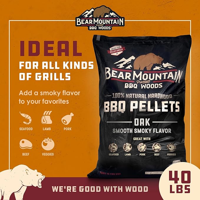 Bear Mountain All Natural Wood Pellets for Smoker, Grill & BBQ, 40 Lbs, Oak - Premium Hardwood Barbecue Pellets for Indoor and Outdoor Grilling