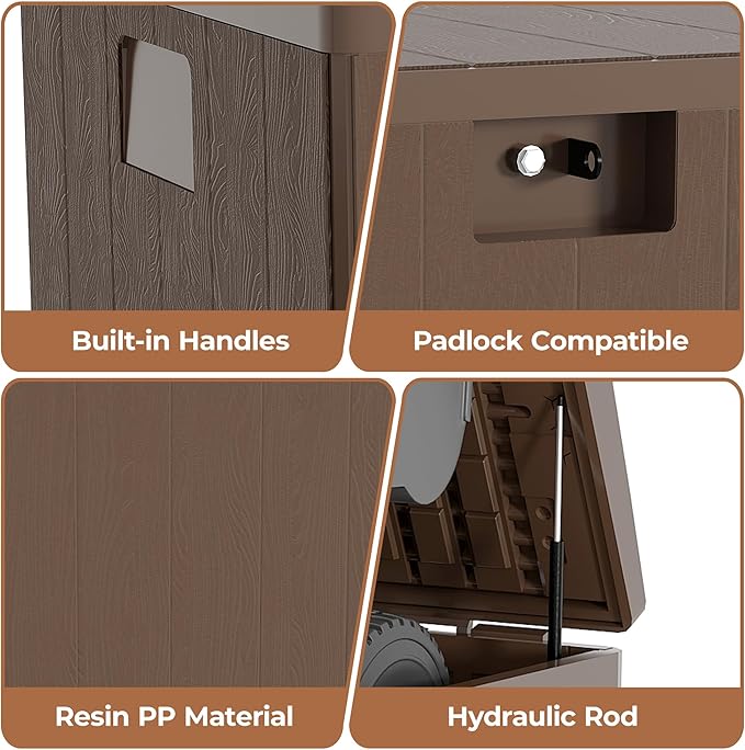 28 gal Brown Resin Deck Box, Outdoor Storage Box Waterproof Lockable, Patio Square Deck Box For Package Delivery, Outside Storage Box Container for Furniture Cushions, Garden Tools, Pool Accessories