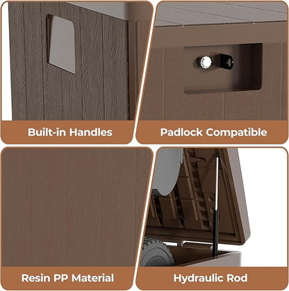 28 gal Brown Resin Deck Box, Outdoor Storage Box Waterproof Lockable, Patio Square Deck Box For Package Delivery, Outside Storage Box Container for Furniture Cushions, Garden Tools, Pool Accessories
