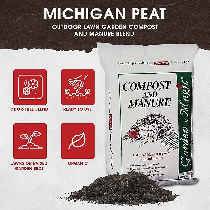 Michigan Peat 40 Pound Garden Magic Compost and Manure with Odor Free Blend and Naturally Moist and Fibrous for Lawn and Garden, 3 Pack