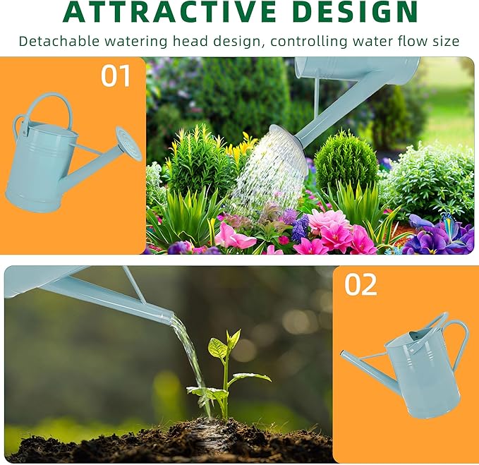 2 Gallon Metal Watering Can for Outdoor Indoor Garden Plants, Galvanized Watering Can with Removable Spout, Garden Watering Pot for Flowers, Plants & Lawns (Light Blue)