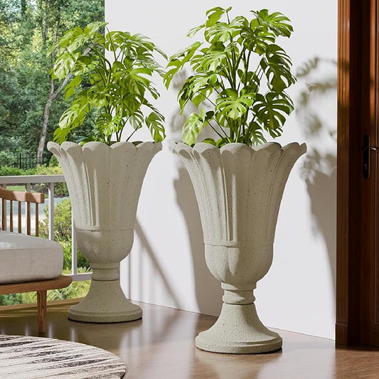 Tall Plastic Urn Planters for Outdoor Plants Set of 2-23.6" H Classic Petal Design Indoor Large Flower Pots with Drainage Holes, Outdoor Planters for Porch Decor/Garden Vase, Beige/Off White