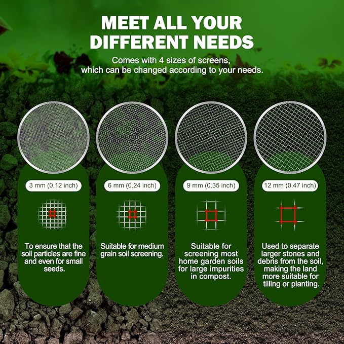 Upgraded Rotary Soil Sifter, Dirt Sifter with 4 Replaceable Garden Sieve 0.12/0.24/0.35/0.47 Inch Soil Screen, Rock Compost Bin for Garden