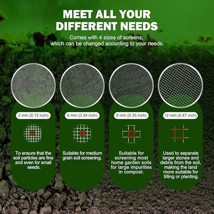 Upgraded Rotary Soil Sifter, Dirt Sifter with 4 Replaceable Garden Sieve 0.12/0.24/0.35/0.47 Inch Soil Screen, Rock Compost Bin for Garden