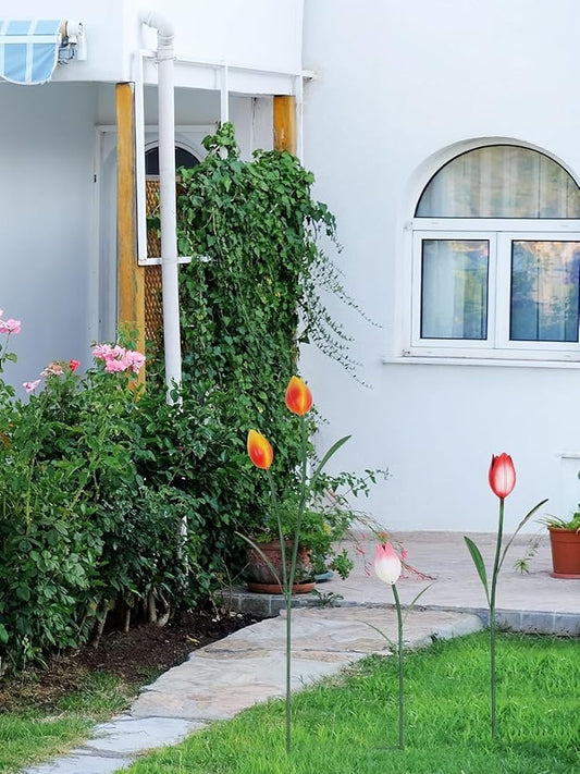 hogardeck Garden Decor for Outside, 3 Pcs 40"/32"/24" Metal Tulip Decorative Garden Stakes for Spring Decor, 3D Flowers Yard Art for Outdoor Lawn Patio Pathway Decorations