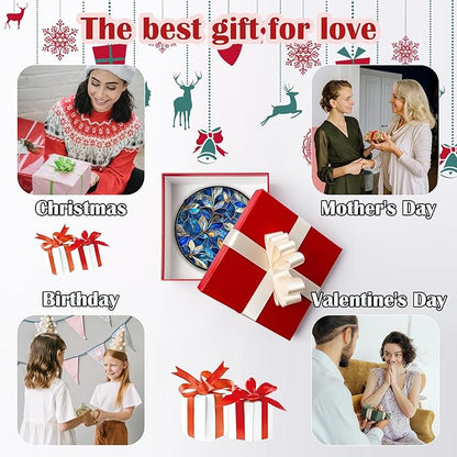 Stained Glass Window Hanging - Blue Gold Abstract Flowers Suncatcher for Door Terrace Garden Home Decor, Plant Sun Catcher Birthday Gifts for Lovers Women Men Dad Mom Nana 11.8 in