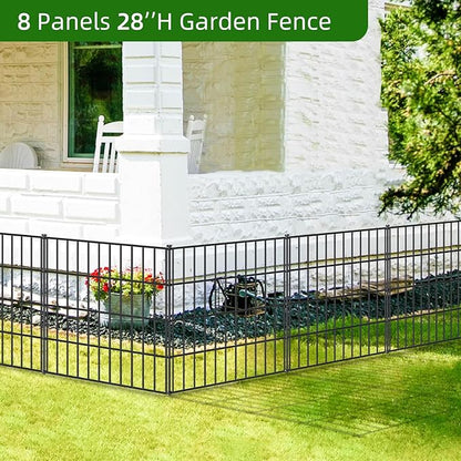 Metal Garden Fence 28in (H) x 35ft (L), 15 Panels + 16 Stakes Dog Fence Border Fence Animal Barrier, No Dig Garden Fencing for Yard Flower Bed Lawn Patio Outdoor, PIN282815 Black