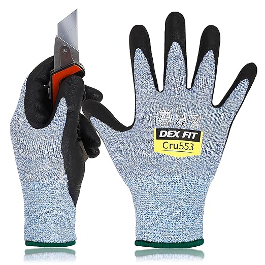 DEX FIT Level 5 Cut Resistant Gloves Cru553, 3D-Comfort Fit, Firm Grip, Thin & Lightweight, Touch-Screen Compatible, Durable, Breathable & Cool, Machine Washable; Blue M (8) 1 Pair