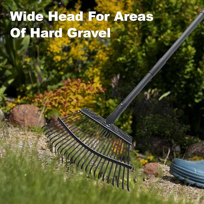 Rake with Leaf Scoops Garden Leaf 25 Tines Lawn Leveling Tool, Heavy Duty 64.1 Inch Adjustable Handle Metal Rake for Picking Leaves Grass Garbage, Black