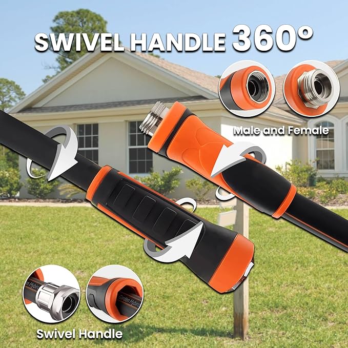 Giraffe Tools Garden Hose 25ft x 5/8", Water Hose Heavy Duty, Flexible with Water Timer Nozzle and Yard Sprinkler, Lightweight Hybrid Hose with Swivel Handle, Male to Female Fittings, Burst 600 PSI